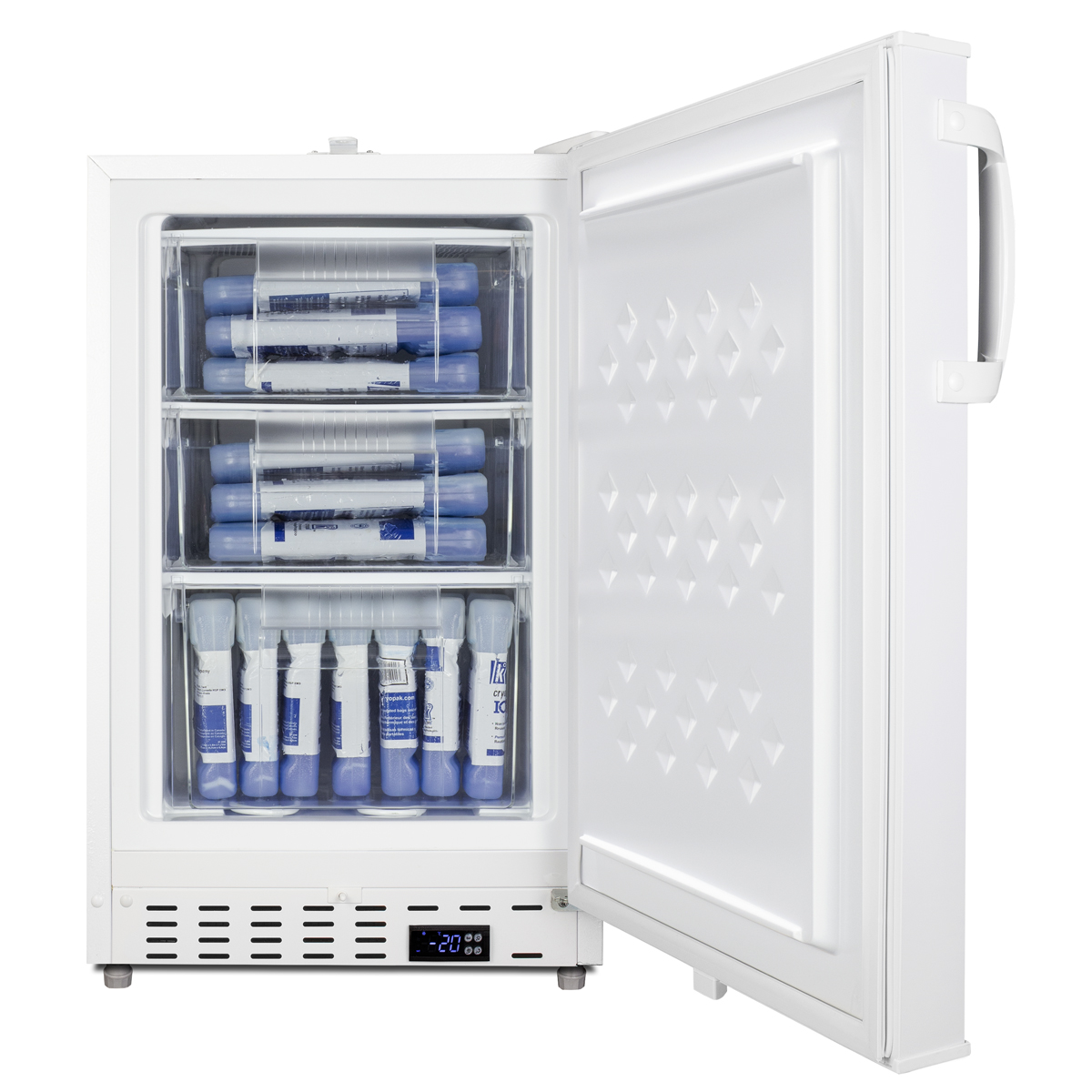 Built-in undercounter -25 C ADA compliant all-freezer in white with lock, digital controls, interior baskets, hospital cord with 'green dot' plug, factory installed access port, and manual defrost operation